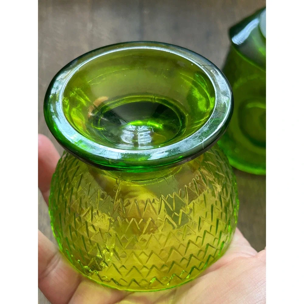 Vintage Viking Glass Green Owl Fairy Lamp MCM Avocado Glimmer Glass 2 Piece Set